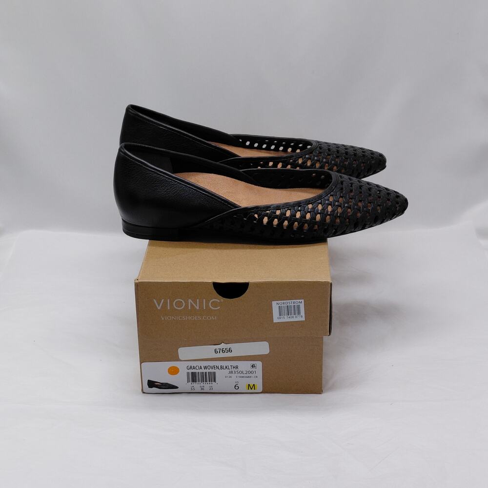 Vionic Womens Gracia Woven Leather Flats Size 6 Black Pointed Toe Comfort Shoes